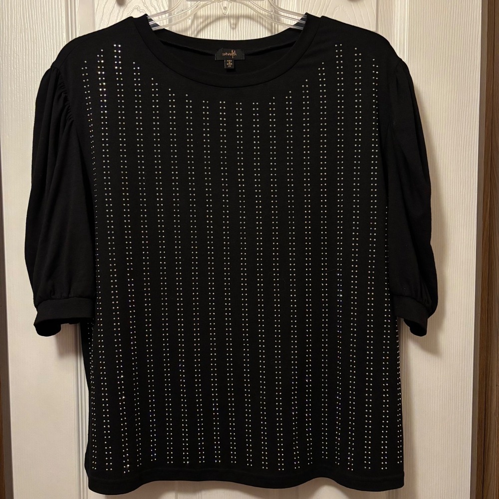 ontwelfth Black Studded Pinstripe Puff Sleeve Crew Neck Top 2X 1236692BRX